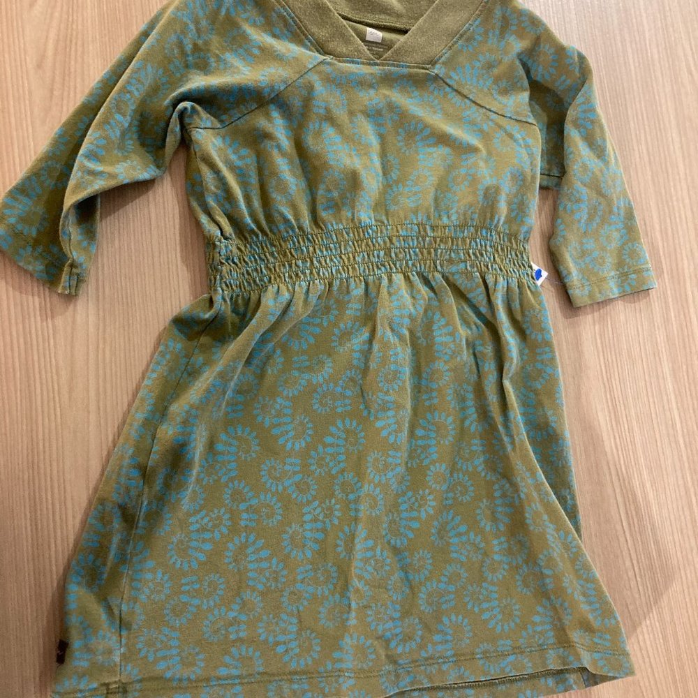 Tea Collection Green and Blue Dress 4 Long Sleeve Floral Print Gathered Waist